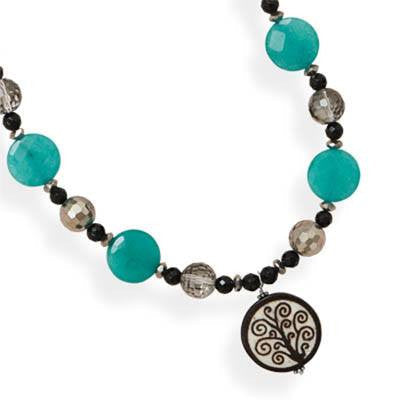 Tree of Life Necklace - FINAL SALE Black Onyx Dyed Jade and Czech Glass with Wooden Tree Of Life Bead Sterling Silver Necklace