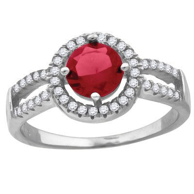 Roxanne – FINAL SALE Round red cubic zirconia solitaire with white pavé cz border split band ring