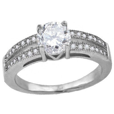 Diamond Kiss – FINAL SALE Round Clear Cubic Zirconia Solitaire with white pavé cz double band sterling silver ring