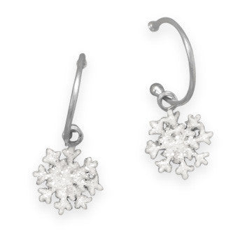 Sparkleflakes – Rhodium Plated Sterling Silver Mini Hoop Glitter Snowflake Charm Earrings