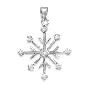 Snowflake Pendant - Rhodium Plated Sterling Silver French Wire Pendant with Cubic Zirconias
