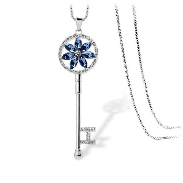 Blue Floral Shine - White Gold Plated Key Necklace With Clear Crystals
