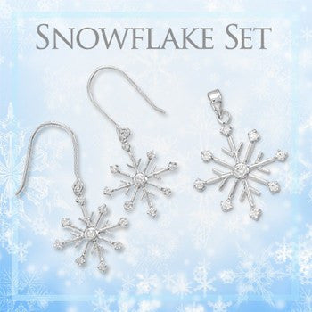 Snowflake Set - Rhodium Plated Sterling Silver French Wire Set Of Earrings and Pendant with Cubic Zirconias E-10036 and P-10060