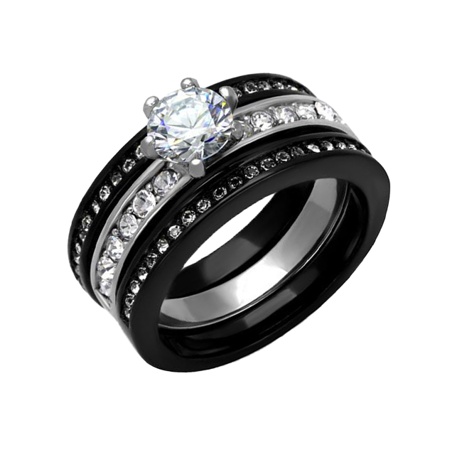 Belle - Women's Two-Tone Black Stainless Steel IP Ring with AAA Grade Clear CZ Stones