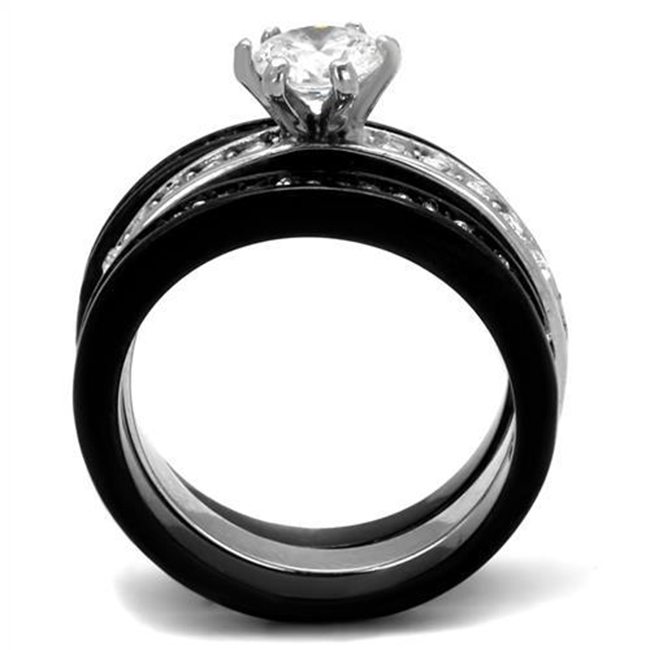 Belle - Women's Two-Tone Black Stainless Steel IP Ring with AAA Grade Clear CZ Stones
