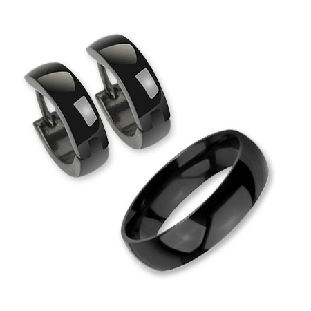 Black Tradition - Titanium Made Simple Yet Classy Black Stylish Band paired with Black Beauty - Glossy Finished Hinged Hoop Black Stainless Steel Earrings R81-E3