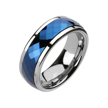 Blue Tungsten Spinner - Multi Faceted Silver and Blue Tungsten Carbide Spinning Center Band