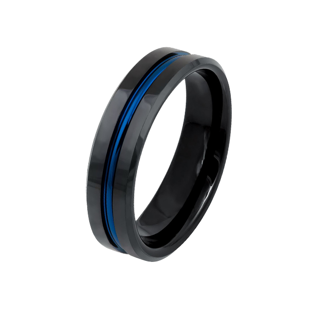 Brave in Blue - Women's 6mm High Polished Black IP Tungsten Ring with Grooved Blue Center