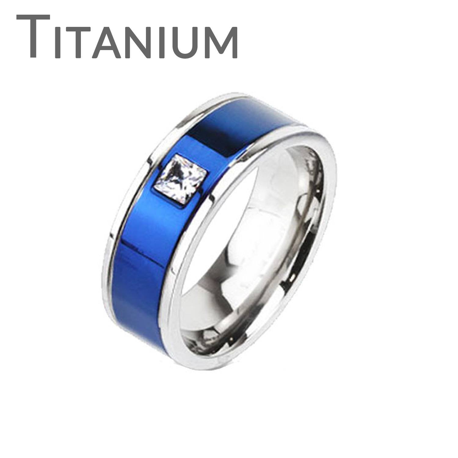 Center Blue - FINAL SALE Square CZ Detailed Two Tone Blue IP and Titanium Ring