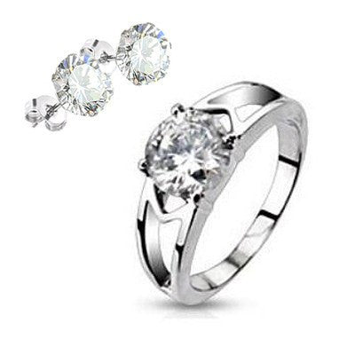 Clearly Love plus Earrings - Admiring Love Stainless Steel Engagement Ring With Cubic Zirconia Earrings R-10023 E-10032-4mm