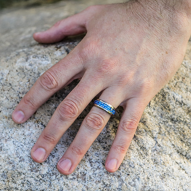 Cool Blue - Classy high shine solid titanium blue carbon fiber center ring