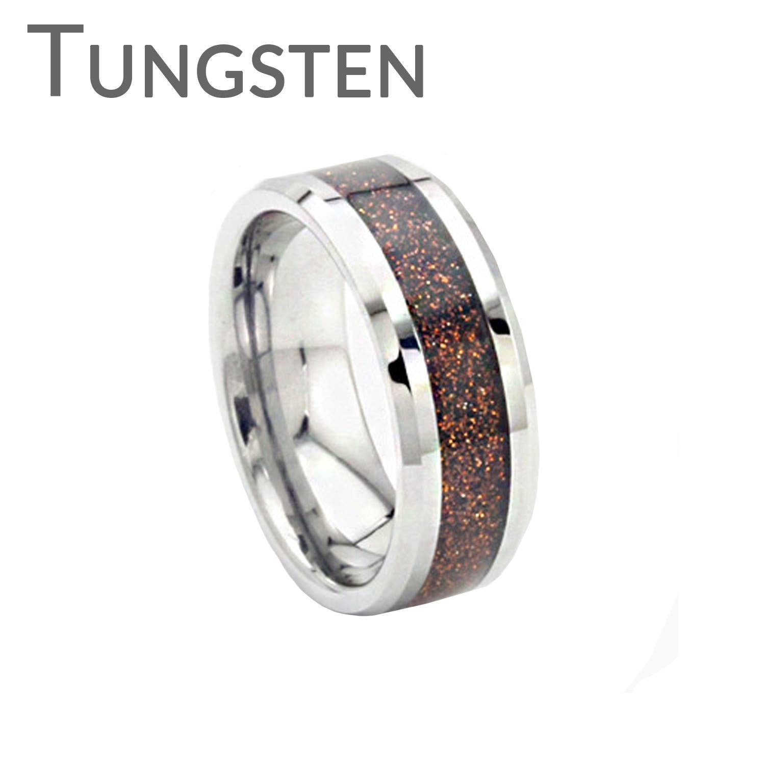 Copper Gold Rush - FINAL SALE Copper goldstone inlay bevelled edge tungsten men’s ring