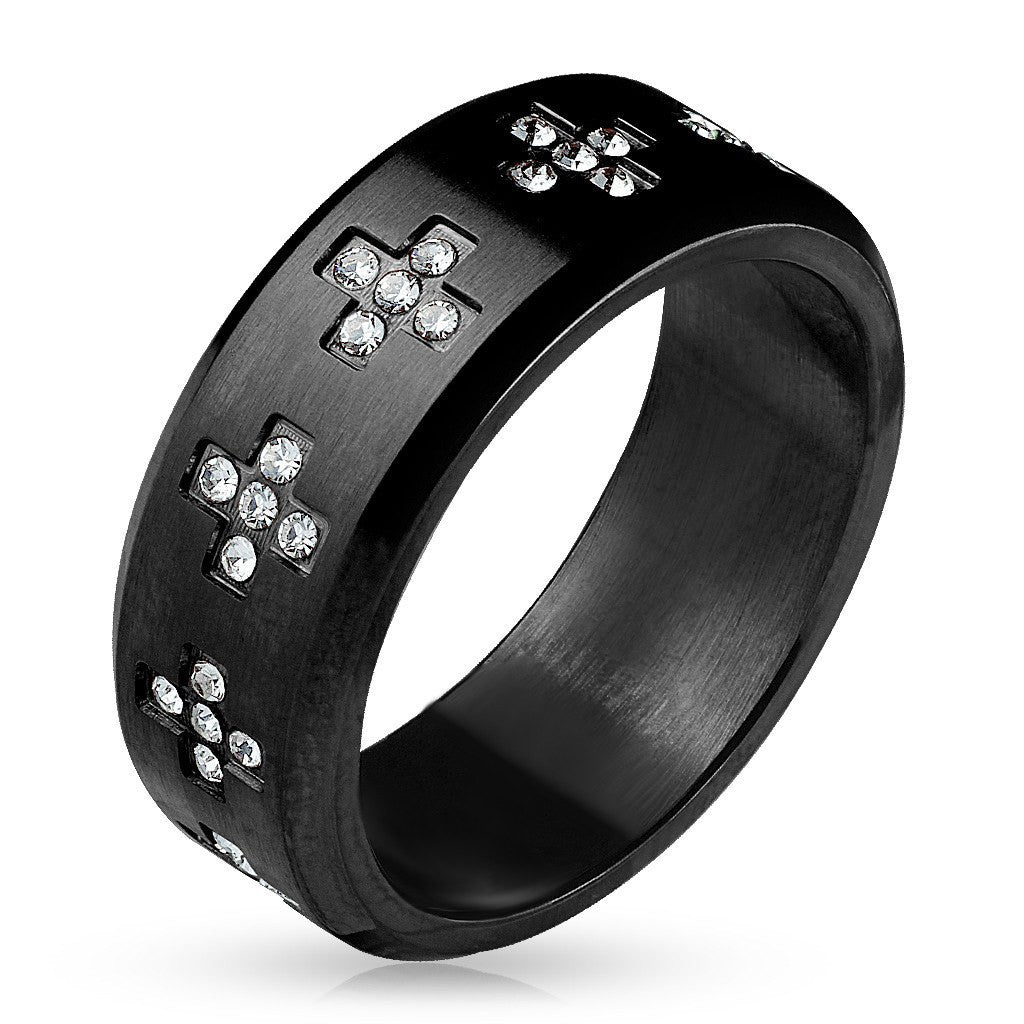 Cross Around - FINAL SALE CZ Crosses Around Black IP Stainless Steel Ring