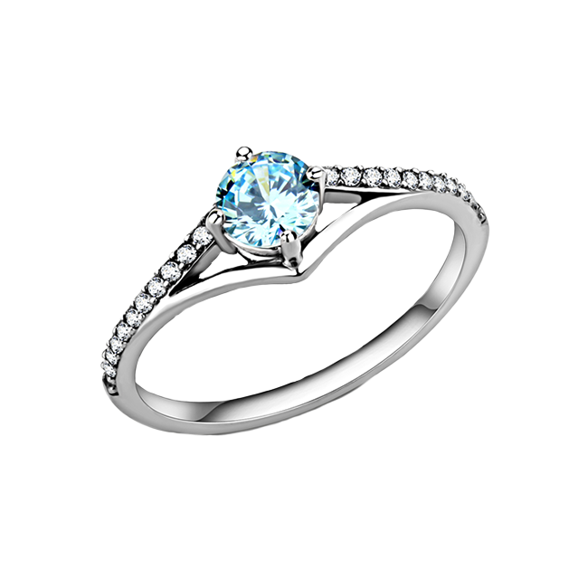 Women's High Polished Stainless Steel Ring with AAA Grade Sea Blue CZ
