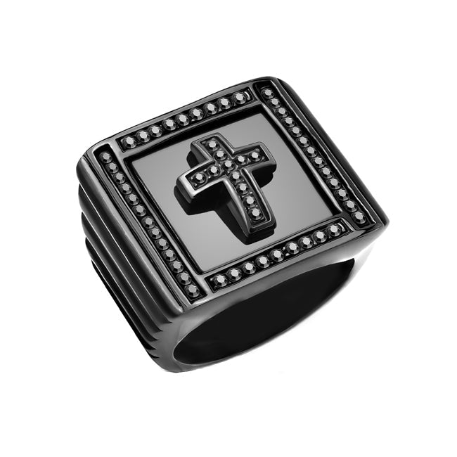 Divine - Men's Stainless Steel Square Faced PVD Black Stainless Steel Statement Ring With CZ Cross