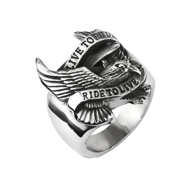 Open Road Live to Ride - Silver Eagle Carved Live To Ride To Live Biker Slogan Stainless Steel Band