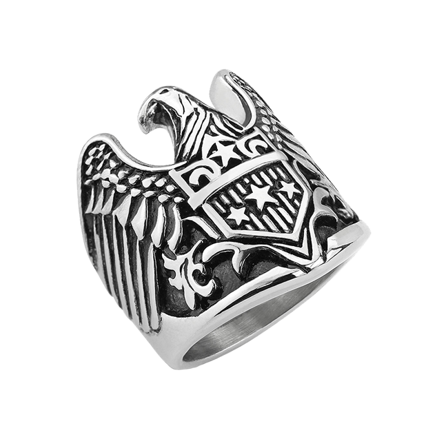 Eagle Warrior - Open wingspan eagle with star shield antiqued stainless steel men’s ring