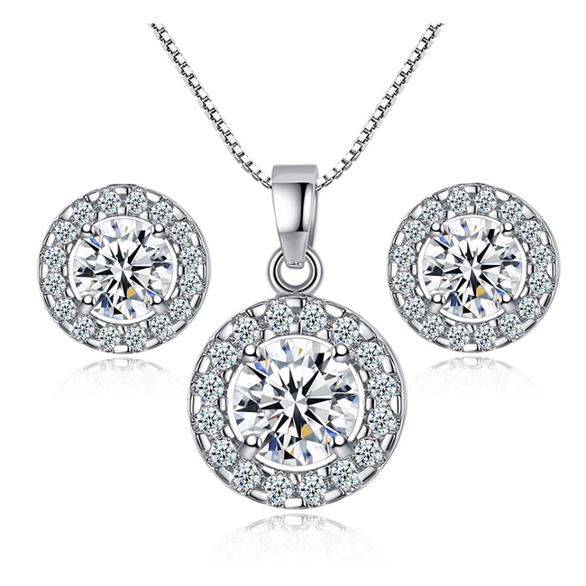 Everlasting Halo Earrings and Necklace Set - Gorgeous Clear CZ Stone Halo Earrings and Necklace Set