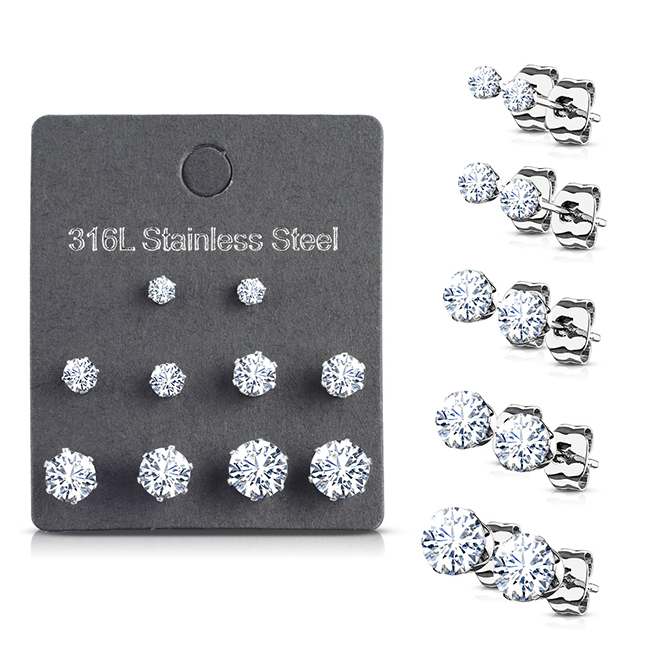 Everyday Elegance CZ Studs (5 Pack) - Women's 5 Pack Assorted Sizes CZ Stud Earrings