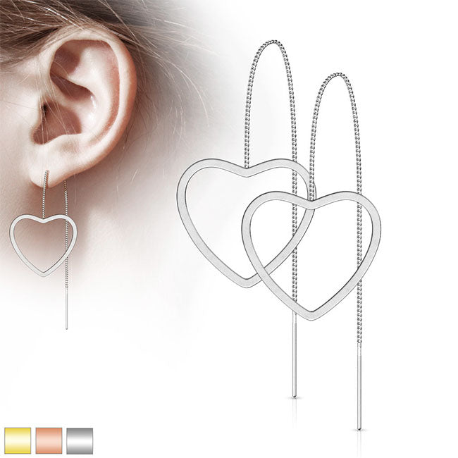 Falling for You in Silver - Women's Stainless Steel Free Falling Chain with Open Heart and Bar Earrings