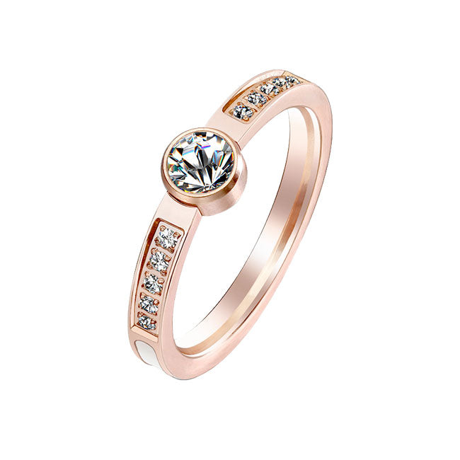 From the Heart - Women's Rose Gold IP Stainless Steel CZ Ring with Mother of Pearl Inlaid Center