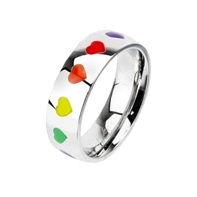 Hearts All Around - Stainless Steel Band With Rainbow Hearts