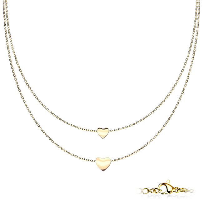 Hearts of Gold Necklace - Gold Plated Graduated Heart Pendants on Double Layered Stainless Steel Chain Necklace