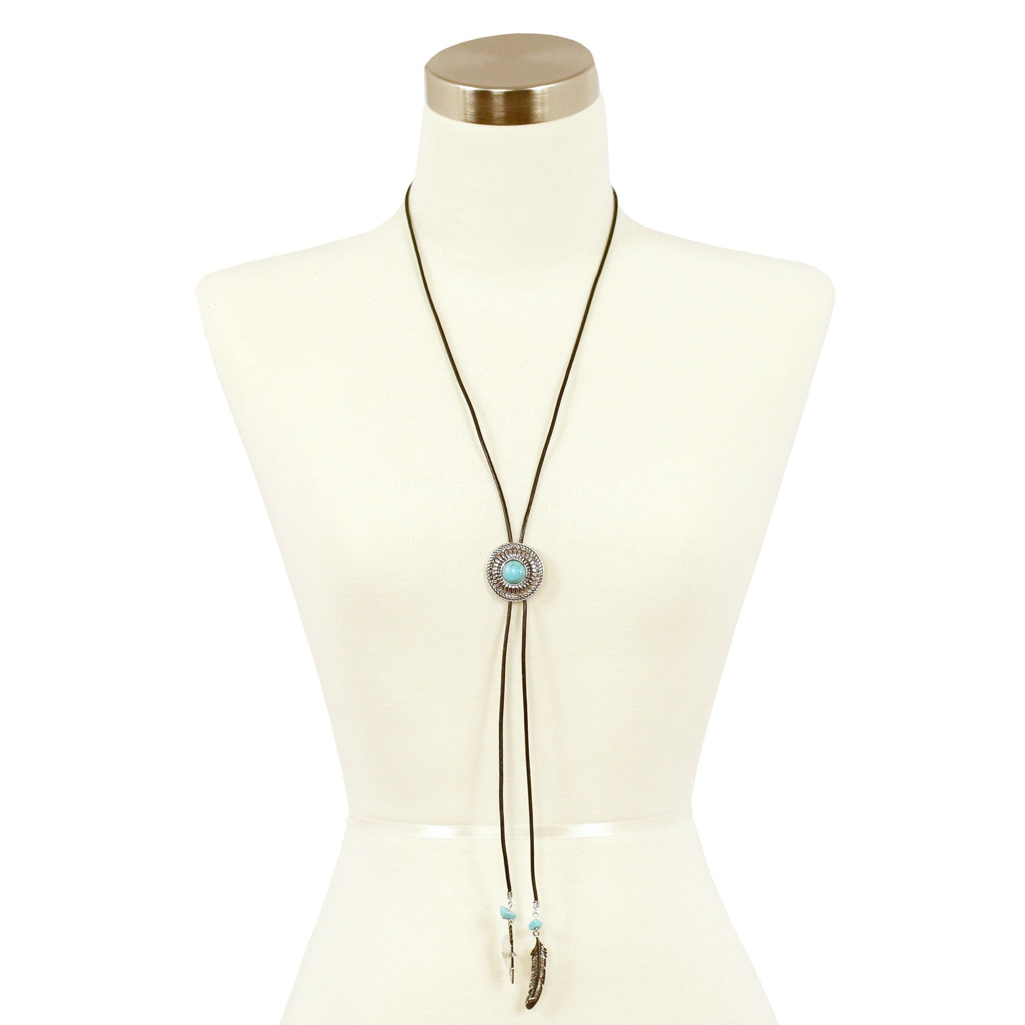 Sparkling Sage - Detailed Stone and Feather Lariat Necklace