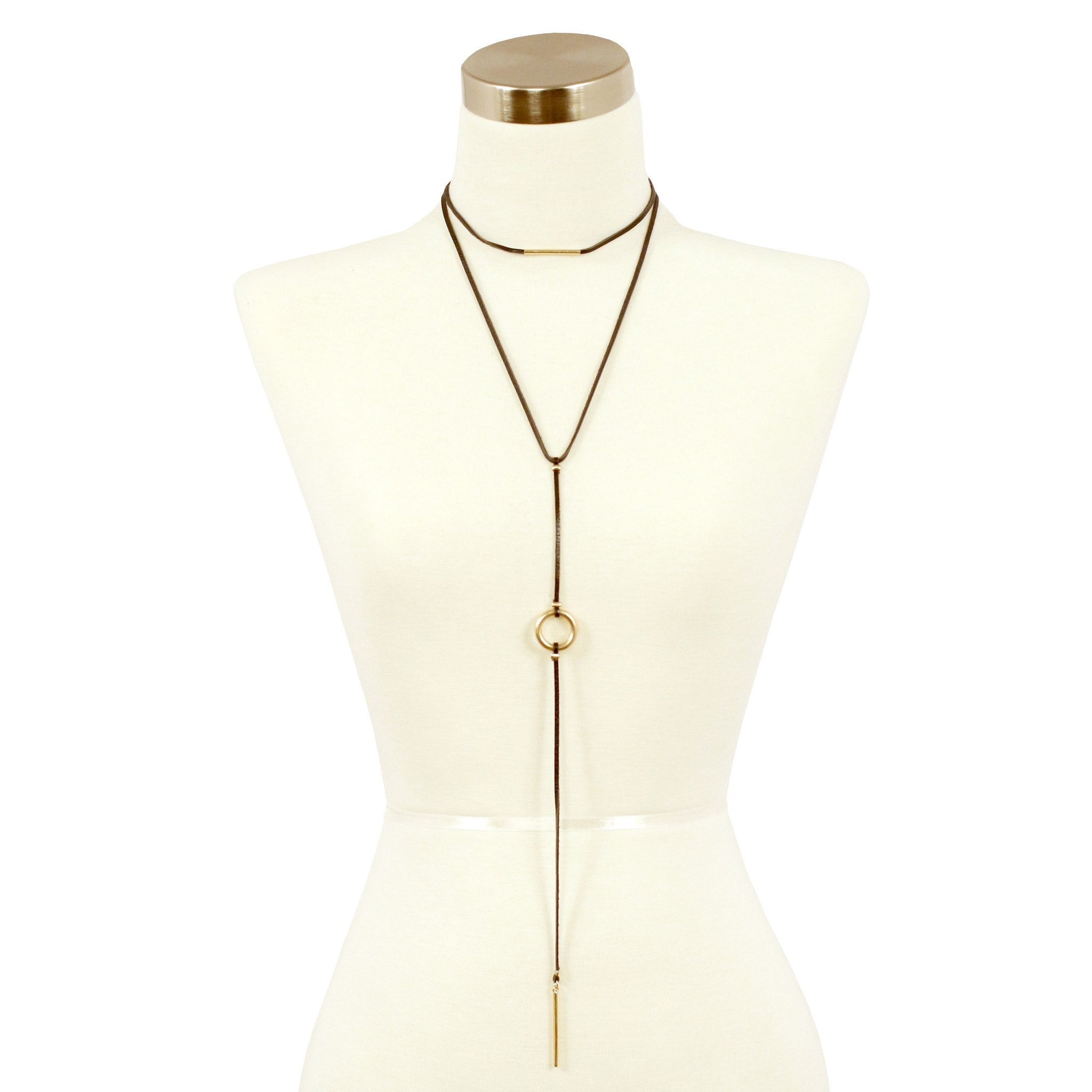 Sparkling Sage - Layered Faux Leather Choker and Y Necklace