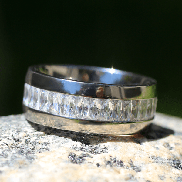 Titanium On The Rocks - Impeccable Solid Titanium Comfort Fit Ring with Cubic Zirconias Center Wedding Band