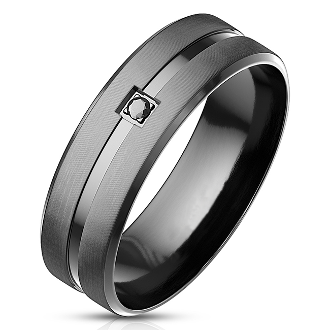 Invincible - Men's Matte Black with Shiny Groove Stainless Steel CZ Ring