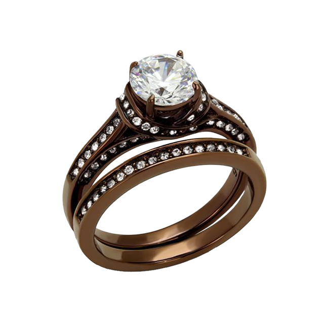 High Polished Chocolate IP Stainless Steel Clear CZ Wedding Ring Set
