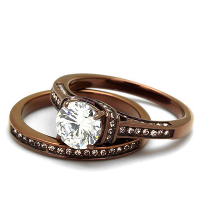 Lunar Dreams - High Polished Chocolate IP Stainless Steel Clear CZ Wedding Ring Set
