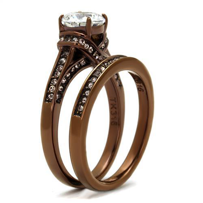 Lunar Dreams - High Polished Chocolate IP Stainless Steel Clear CZ Wedding Ring Set