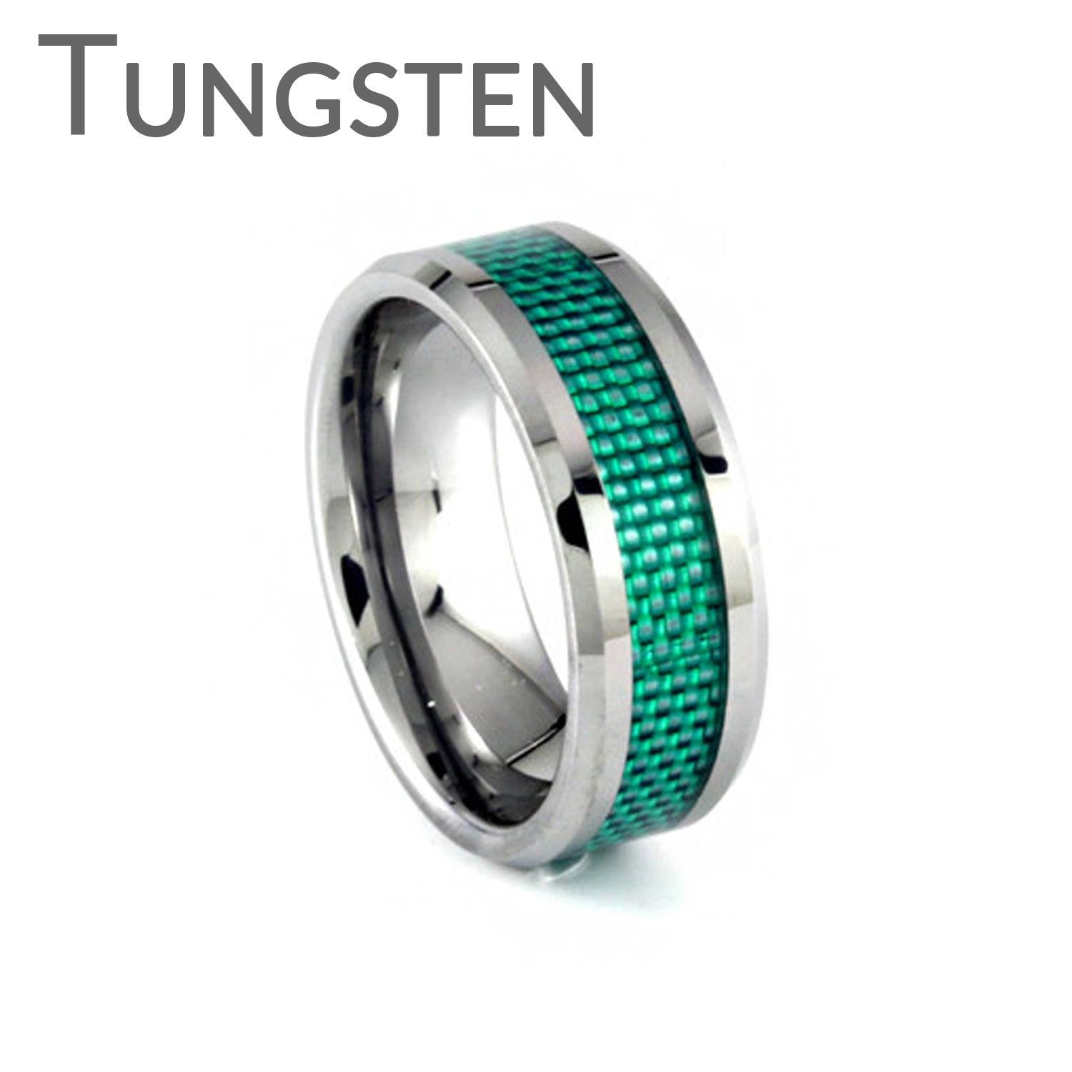 Lust for Life – FINAL SALE Woven green inlay bevelled edge tungsten men’s ring
