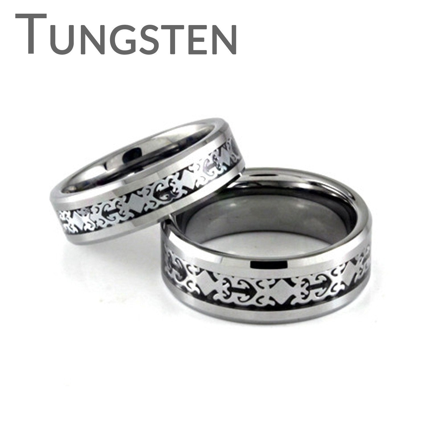 Magical – FINAL SALE Filigree design framed in silver tone black carbon inlay tungsten couples matching rings