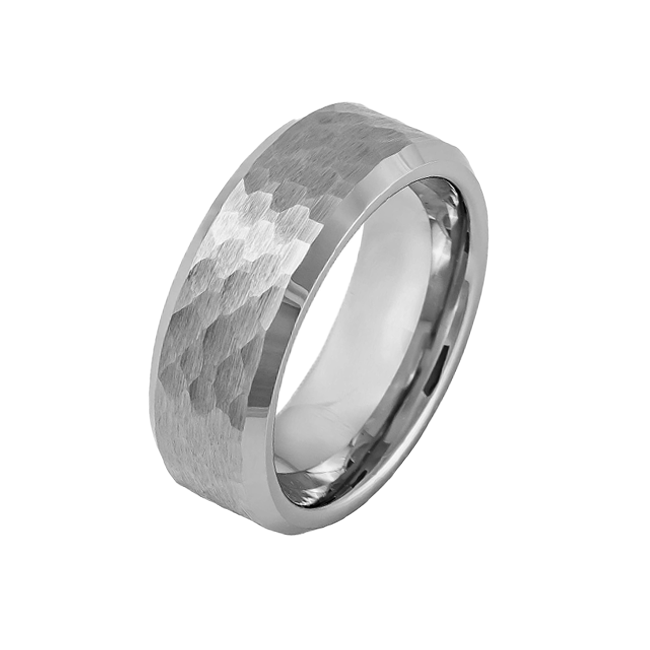 Man of Steel - Men's Hammered Beveled Edge Tungsten Ring with Brushed Finish