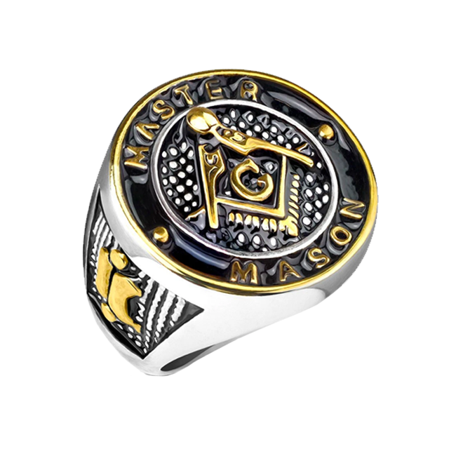 Master Mason - Gold And Black IP Round Face Stainless Steel Men's Ring