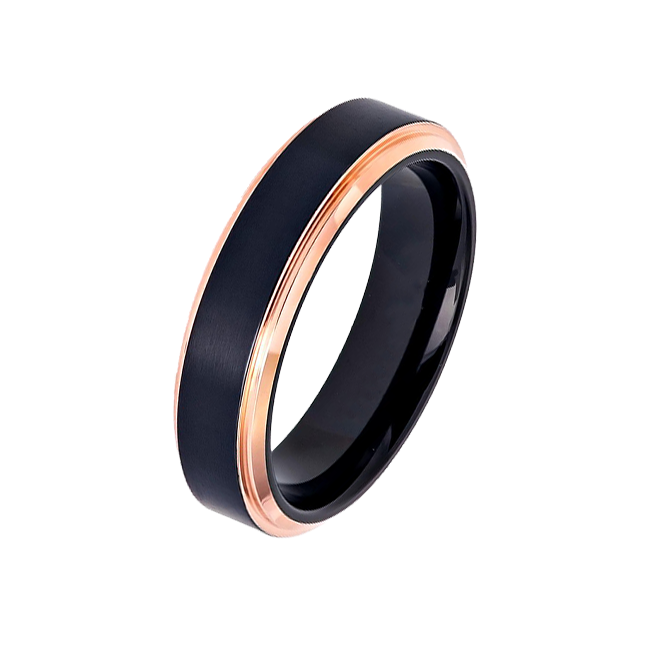Midnight Rouge in 6mm - Women's Two Tone Black IP Brushed Titanium Ring with Rose Gold IP Stepped Edges