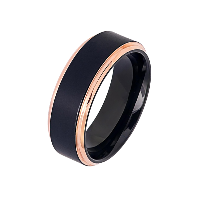 Midnight Rouge in 8mm - Men's Two Tone Black IP Brushed Titanium Ring with Rose Gold IP Stepped Edges