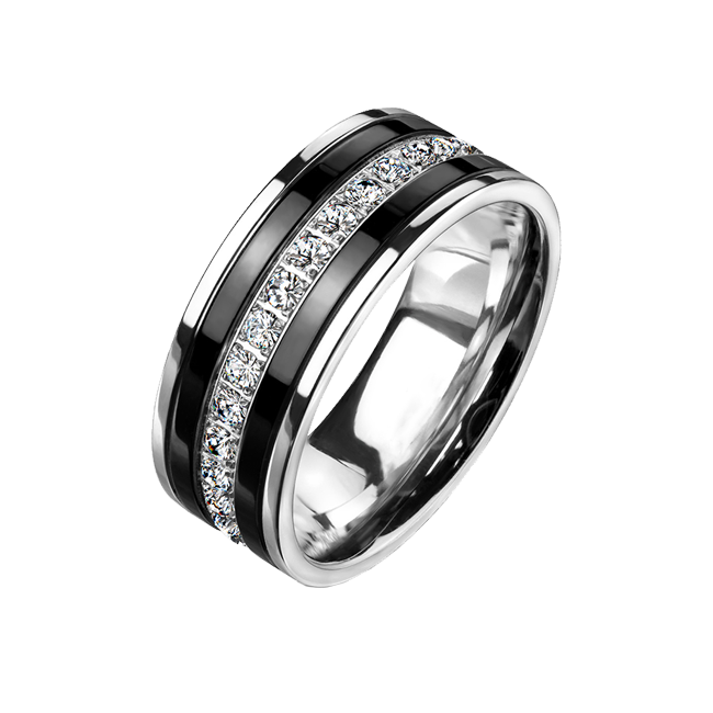 Men's CZ Lined Black IP Stainless Steel Eternity Ring