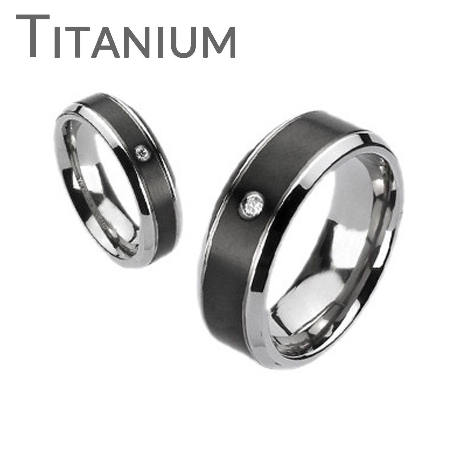 Midnight Star - FINAL SALE Brushed black and silver titanium his and hers ring with cubic zirconia solitaire