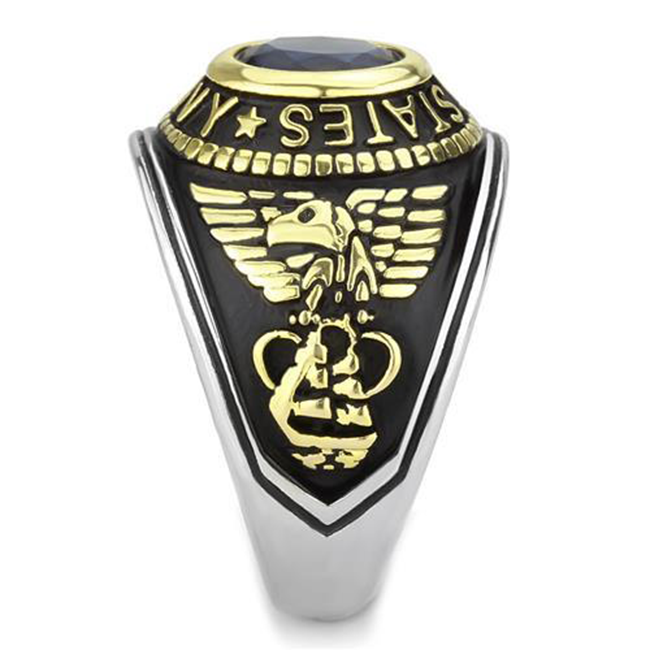 Navy Strong - Men's Stainless Steel Ion-Plated Two-Tone Gold Ring with Synthetic Blue Center Stone
