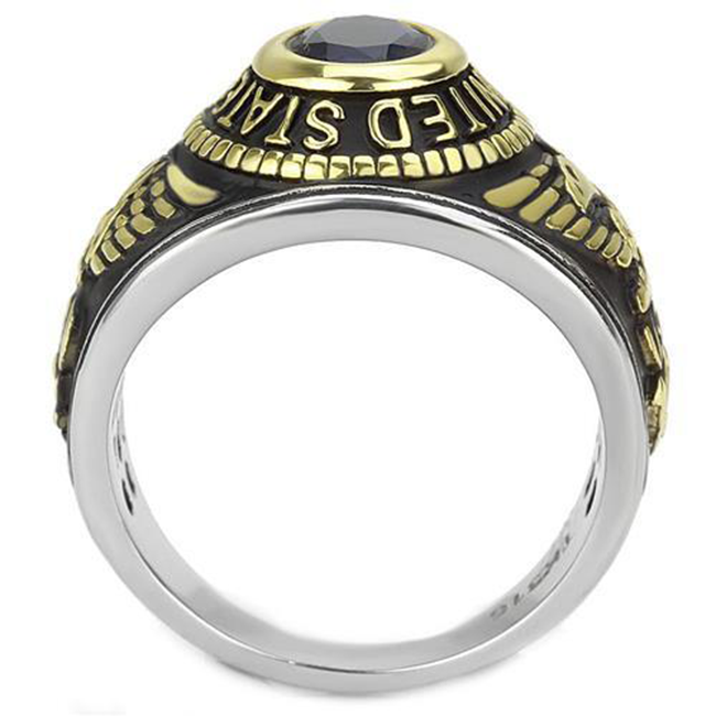 Navy Strong - Men's Stainless Steel Ion-Plated Two-Tone Gold Ring with Synthetic Blue Center Stone