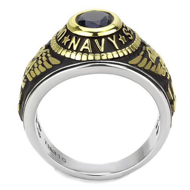 Navy Strong - Men's Stainless Steel Ion-Plated Two-Tone Gold Ring with Synthetic Blue Center Stone