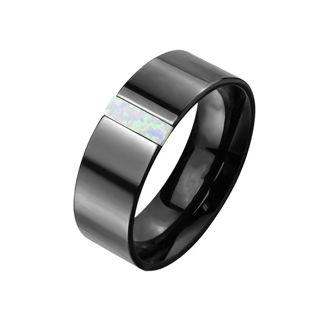 Men's Black Stainless Steel Ring with Opal Stone