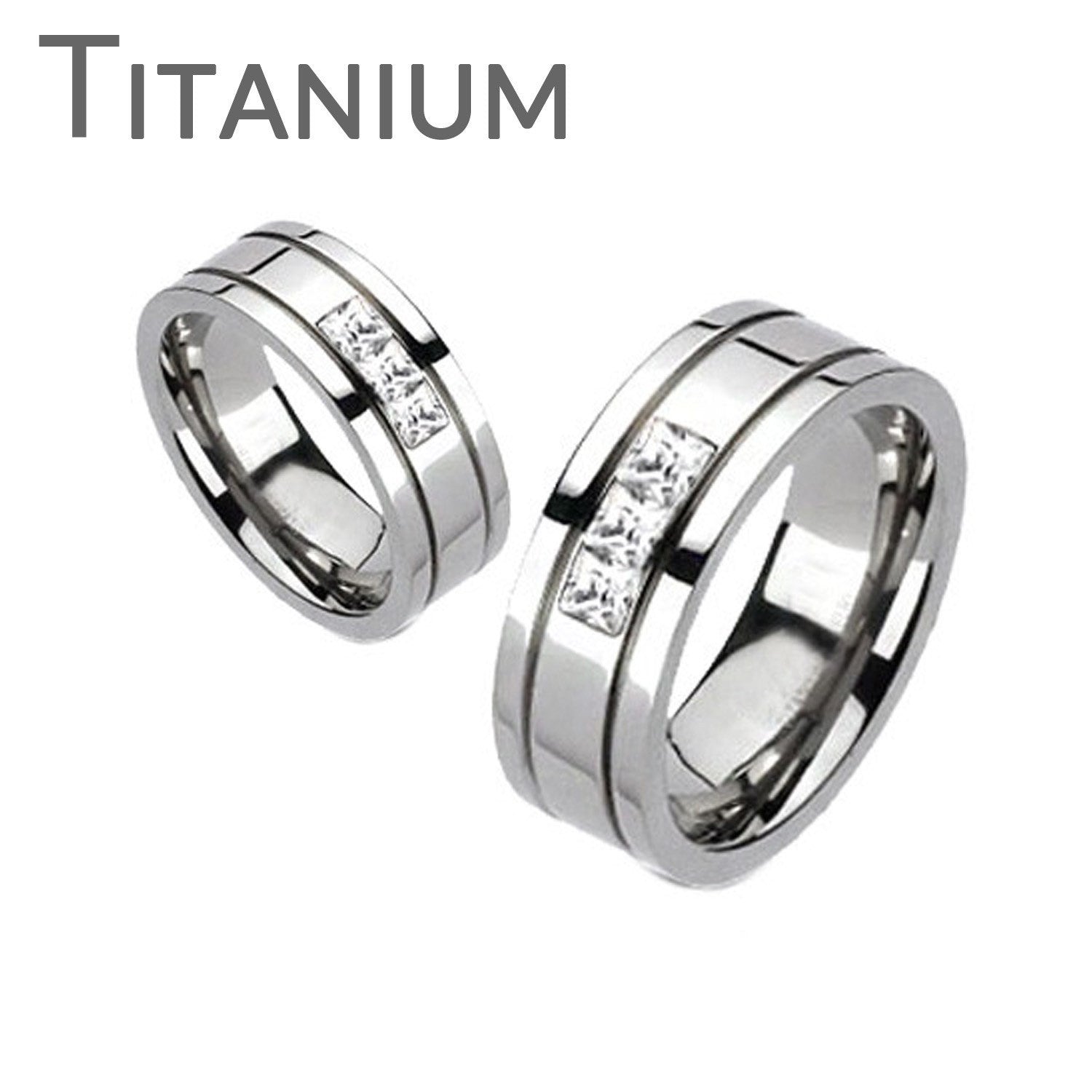 Oxygen - FINAL SALE A trio of square cut cubic zirconia grooved band titanium his and hers ring