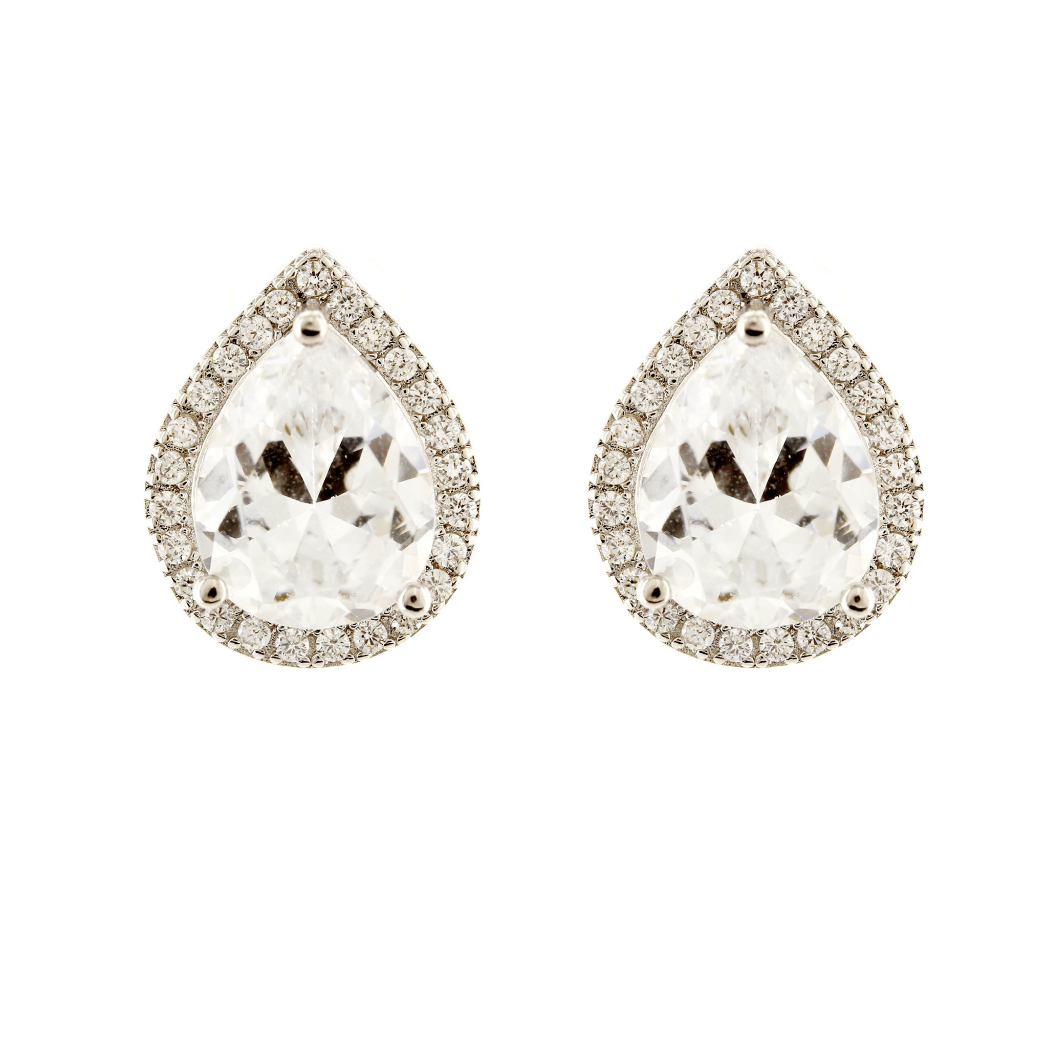 Teardrop Halo - Clear CZ Pear Halo Stud Earrings