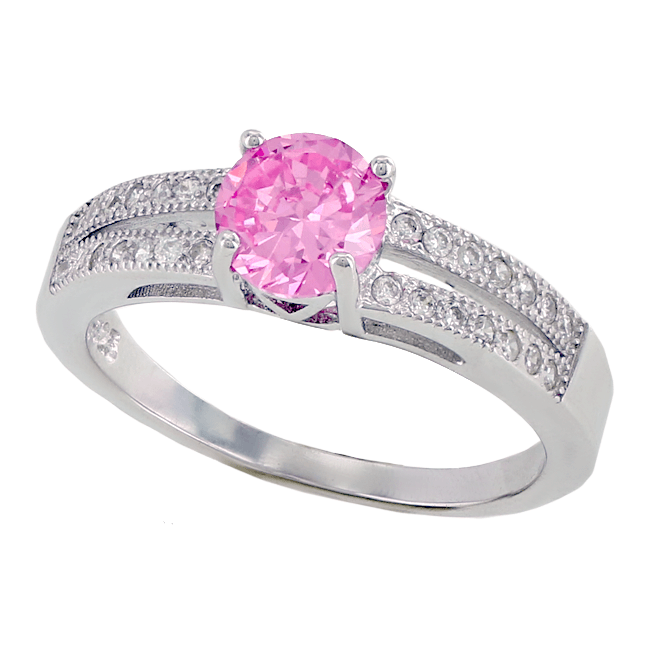 Pink Kiss – FINAL SALE Round pink cubic zirconia solitaire with white pavé cz double band sterling silver ring
