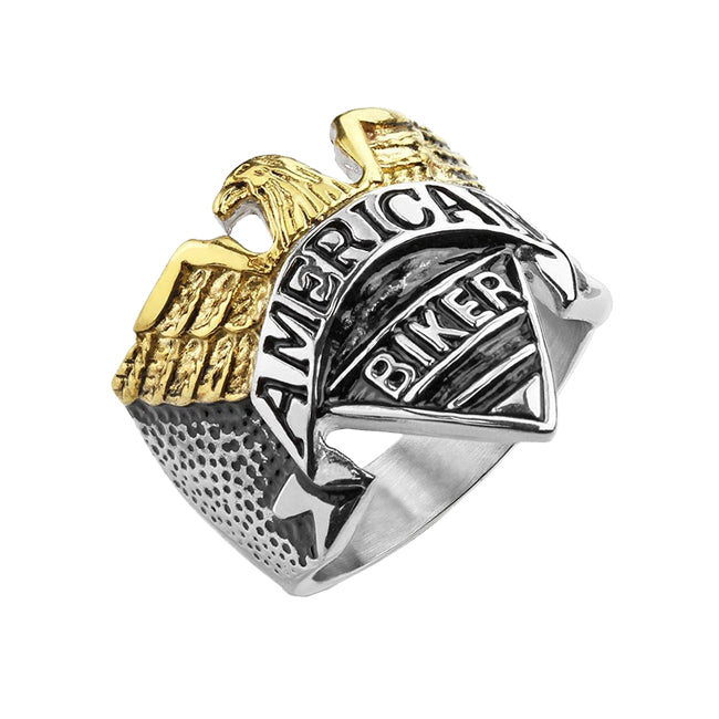 American Biker - Gold IP and silver engraved stainless steel American Biker motorcycle ring